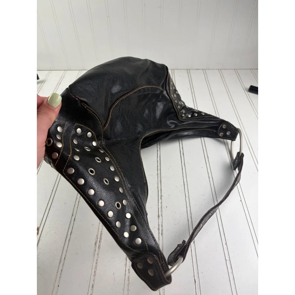 Vintage Y2K Black Leather Studded Punk Edgy Grunge Hobo Shoulder Bag